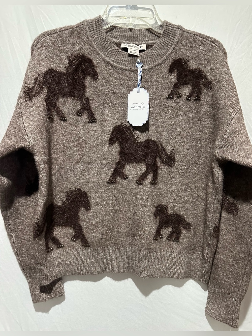 Nanette Lepore Brown Horse Motif Crewneck Sweater - Size M